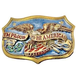 VTG 1984 USA I'm Proud To Be American Freedom Brass Tone Belt Buckle H1459